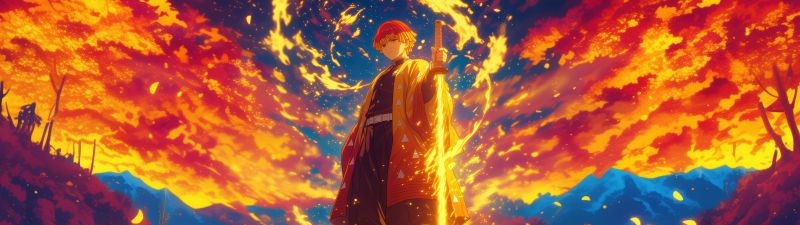 Zenitsu Agatsuma, Fire effect, AI art, Demon Slayer: Kimetsu no Yaiba, 5K