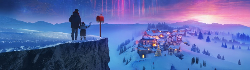 Snowy village, Winter, Aurora sky, Night sky, Christmas Eve, Magical, Cliff, Father - Son, Holidays, Northern Lights, 5K, Snow covered