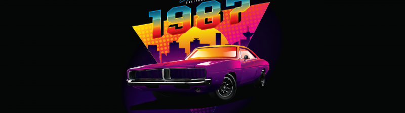 Dodge Charger, California, Summer, AMOLED, 5K, Purple, Black background, Vintage car, Synthwave