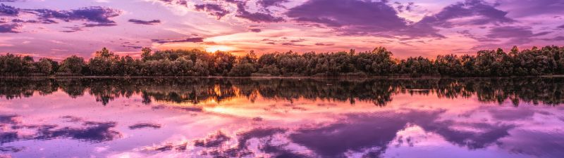 Sunset, Evening sky, Clouds, Beautiful, Reflections, Purple, Lake, 5K, 8K