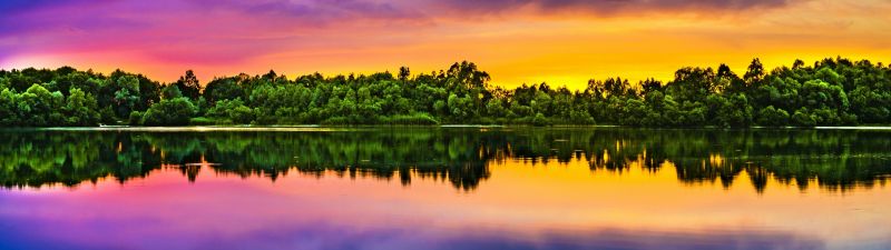 Evening sky, Multicolor, Colorful, Lake reflection, Sunset, Water, Bright, Landscape, 5K, 8K