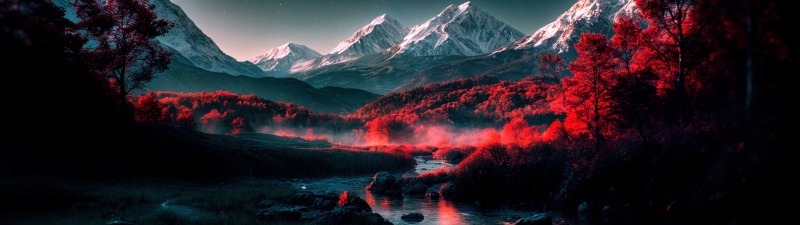 Dramatic, Scenery, Landscape, Scenery, Mountains, Forest, River, Night, Starry sky, Trees, Fog, Red aesthetic