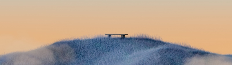 Minimalist, Landscape, Grass field, Bench, Serene, Dawn, Orange sky