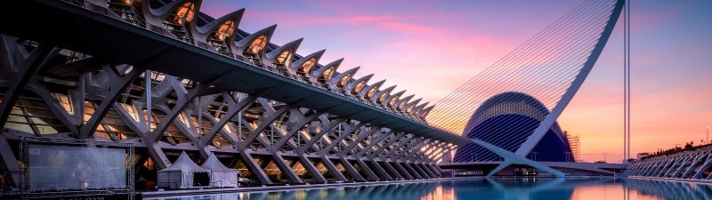 City of Arts and Sciences, Spain, Valencia, Sunrise, Pool, Reflection, Modern architecture, 5K