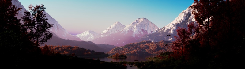 Mountain range, Landscape, Scenery, Majestic, Lake, Trees, Forest, Outdoor, Scenic, Peaceful, Serenity, Snowcapped mountains, Autumn foliage