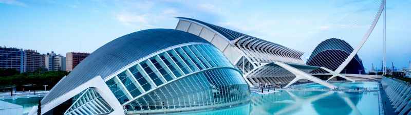 City of Arts and Sciences, Valencia, Spain, Pool, Blue hour, Sky view, Evening, Water, Reflection, 5K