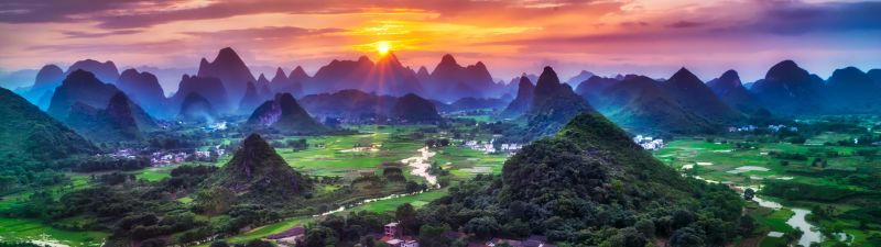 Guilin City, China, Sunset, Beautiful, Green Fields, Village, River, Mountains, Clouds, 5K, 8K