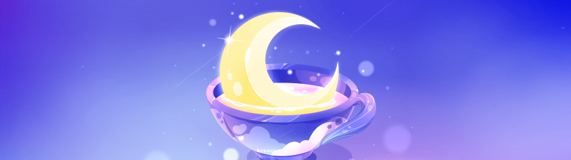 Dreamy, Crescent Moon, Aesthetic, Tea cups, Glowing, Celestial, Magical, Blue and Purple, Sparkling, 5K, Blue gradient, Gradient background