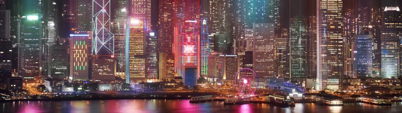 Hong Kong, 8K, Cityscape, Kowloon, Modern architecture, Nightlife, Ferris wheel, Lights, River, Reflection, 5K
