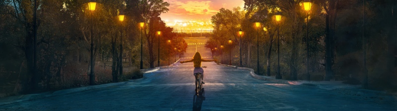 Moon, Star Trails, Dreamy, Surrealism, Dreamlike, Night sky, Cosmic phenomena, Glowing, Street lights, Bicycle, Freedom, Exploration, 5K, Sunset, Dusk, Dream girl