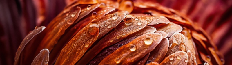 Protea flower, Macro, Orange aesthetic, Water droplets, Petals, Texture, Floral, Vibrant, Dew Drops, Artistic, Bloom, Focus, 5K, Closeup Photography