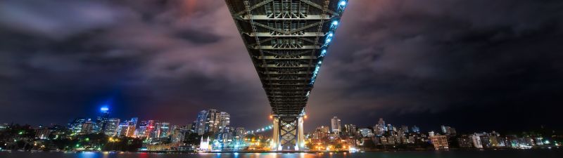 Sydney Harbour Bridge, Australia, Cityscape, River, Reflection, Night lights, Sky view, 5K