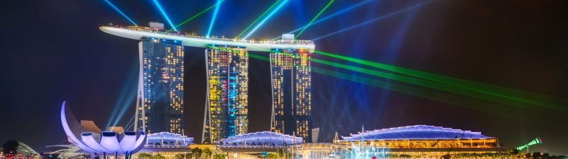 Marina Bay Sands, Light show, Singapore, Laser Lights, Colorful, River, Reflections, Cityscape, Night, 5K, 8K