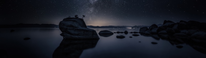 Bonsai Rock, Milky Way, Night, Lake Tahoe, Astrophotography, Night sky, Starry sky, Long exposure, Reflections, Galaxy, Dark Sky, Rock formations, Cosmos, Nightscape, 5K, Nevada