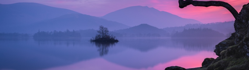 Pastel, Sunset, Lake, Mountains, Serene, Reflection, Silhouette, Lone tree, Dusk, Twilight, Misty, Scenic, Calm