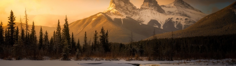 Three Sisters Mountains, Oregon, Snow covered, Wilderness, Golden hour, Sunset, Serene, Winter Mountains, Mountain Peaks, Dramatic, 5K