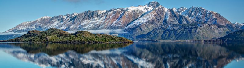 Snow mountains, Lake, Reflection, Water, Blue Sky, Landscape, Clouds