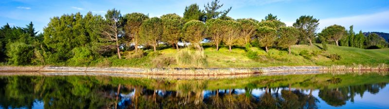 Green Trees, Blue Sky, Golf course, Pond, Water, Reflection, Green, Landscape, 5K, 8K