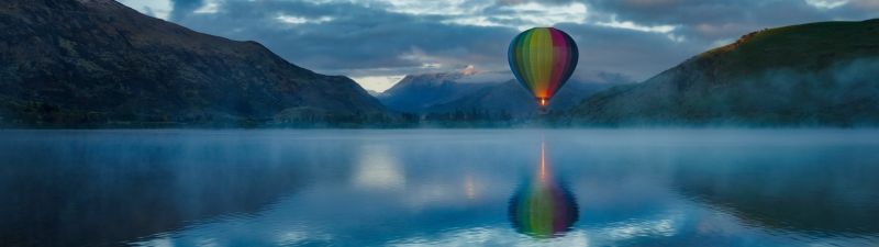 Hot air balloon, Lake Hayes, Queenstown, New Zealand, Mountains, Clouds, Reflection, Multicolor, 5K, 8K