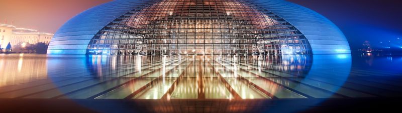 National Centre for the Performing Arts, China, Blue light, Glass, Modern architecture, Dome, Reflection, Clear sky, Night lights, 5K