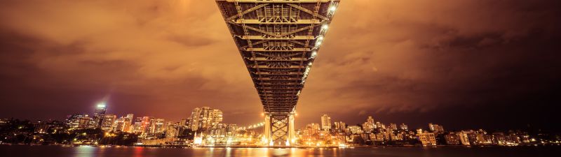 Sydney Harbour Bridge, Illuminated, Australia, Cityscape, River, Reflection, Nightscape, Sky view, Orange, Bright, City lights, 5K, 8K