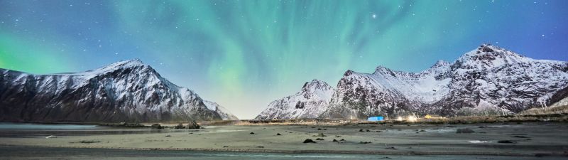 Aurora Borealis, Snow mountains, Glacier, Landscape, Blue Sky, Lofoten islands, Norway, Stars, 5K