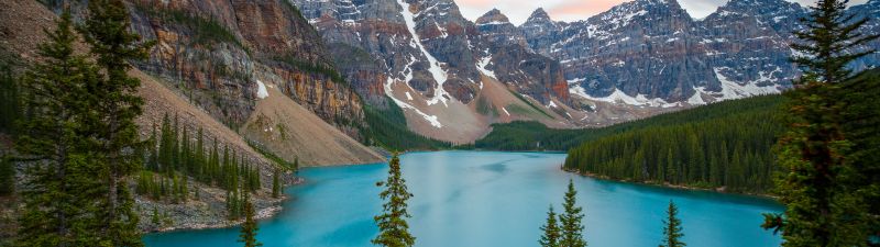 Snow mountains, Moraine Lake, Alberta, Glacier, Valley, River, Landscape, Trees, Blue, Scenic, 5K, Canada