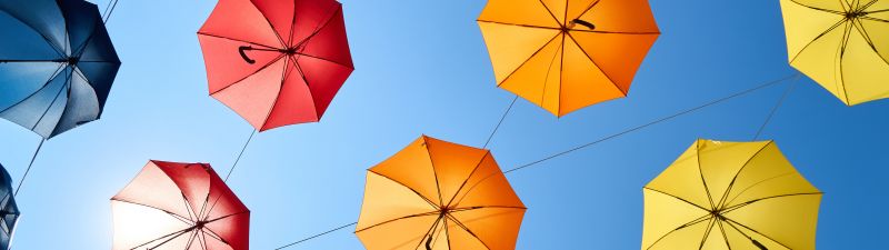 Umbrellas, Blue Sky, Colorful, Sky view, Multicolor, Pattern, Red, Yellow, 5K