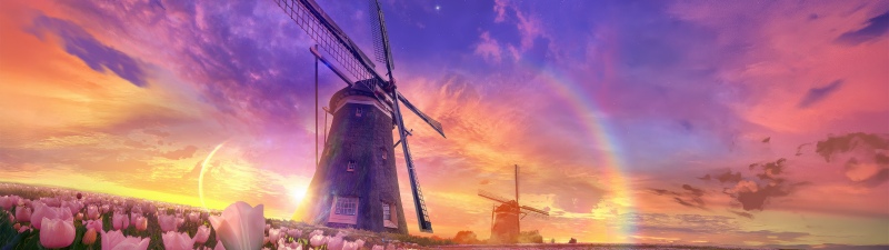 Tulips field, Windmill, Surrealism, Aesthetic, 5K, Sunset, Rainbow, Dreamy, Scenic