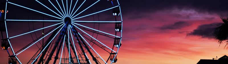 Ferris wheel, Silhouette, Sunset, Neon Lights, Amusement park, Purple sky, Dark background, 5K, Dark aesthetic