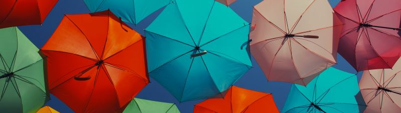 Umbrellas, Multicolor, Colorful, Vibrant, Sky view, Aesthetic, 5K