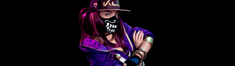 KDA Akali, AMOLED, League of Legends, Cosplay, Black background, Neon, 5K