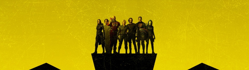 Thunderbolts, Team, 8K, Movie poster, 5K, Marvel Comics, 2025 Movies, Black Widow, Bucky Barnes, Taskmaster, Red Guardian, Marvel Superheroes, Florence Pugh, Yelena Belova, Yellow background