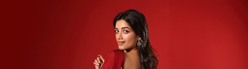 Bhagyashri Borse, Red aesthetic, Saree, Red background, Indian actress, 5K