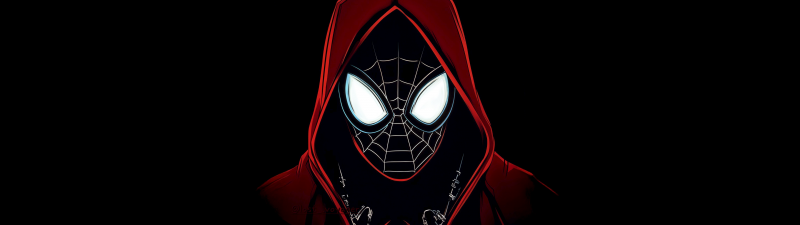 Miles Morales, Red Hoodie, Spider-Verse, Neon, Dark aesthetic, 5K, Black background, AMOLED