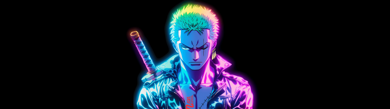Roronoa Zoro, Neon glow, One Piece, Black background, AMOLED, 5K, Neon art