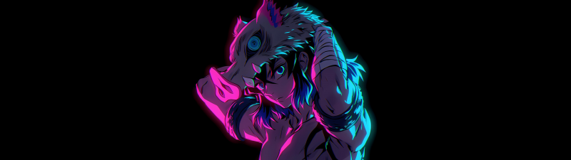 Inosuke Hashibira, Neon glow, AMOLED, Black background, 5K, Neon pink, Demon Slayer: Kimetsu no Yaiba