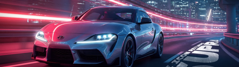 Toyota Supra GT, Neon, Neon Lights, 5K, City night, Long exposure