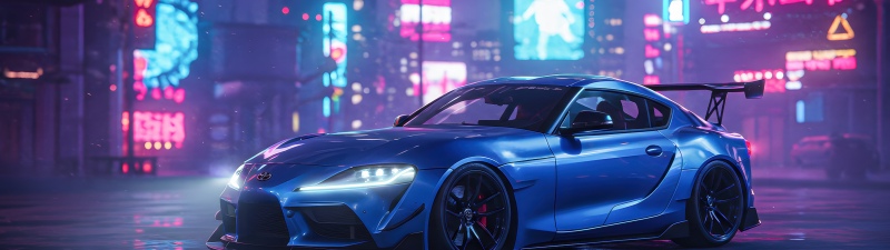 Toyota GR Supra, City street, Neon Lights, 5K, Reflections