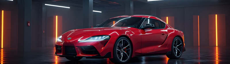 Toyota GR Supra, Red aesthetic, Neon Lights, 5K, Reflections
