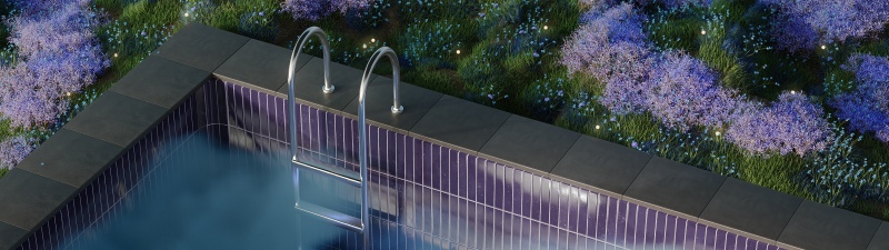 Misty, Swimming Pool, Outdoor, 5K, Green Grass, Smoke, Garden, Purple Flowers, Surrealism, Night