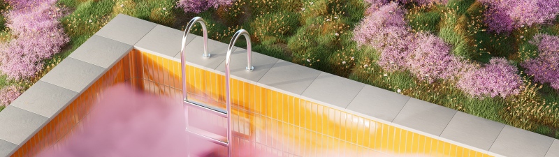 Surreal, Aesthetic pool, Purple Flowers, Outdoor, Pink aesthetic, 5K, Green Grass, Smoke