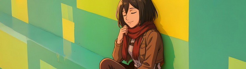 Mikasa Ackerman, 8K, Attack on Titan, Anime girl, Red scarf, Peaceful, Geometric, Yellow and green