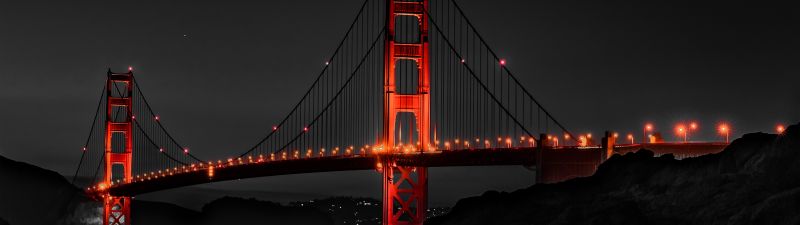 Golden Gate Bridge, Night, Monochrome, Dark background, Illuminated, San Francisco, Dark aesthetic, Black and White