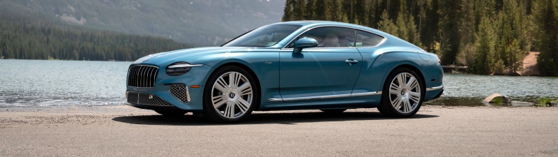 Bentley Continental GT Azure, Hybrid cars, Blue car, Mountain lake, 5K, 8K