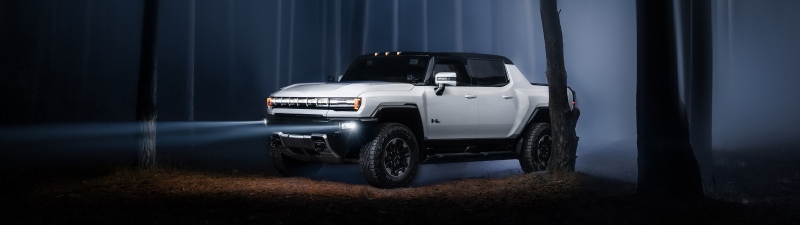 GMC Hummer EV, Night time, Pickup truck, Electric SUV, Forest, Night, Fog, Headlights, 5K