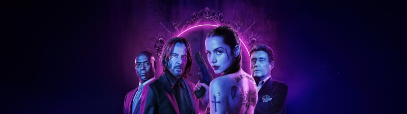 Ballerina, John Wick, Keanu Reeves, Ana de Armas, Movie poster, Action movies, Neon light, Neon purple, Tattoo, 5K, Dark background, Keanu Reeves as John Wick