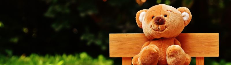 Teddy bear, Park bench, Soft toy, Wooden bench, Evening, Cute toy, 5K