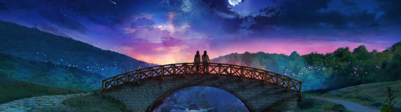 Couple, Fantasy landscape, Night sky, Milky Way, Bridge, River, Glowing elements