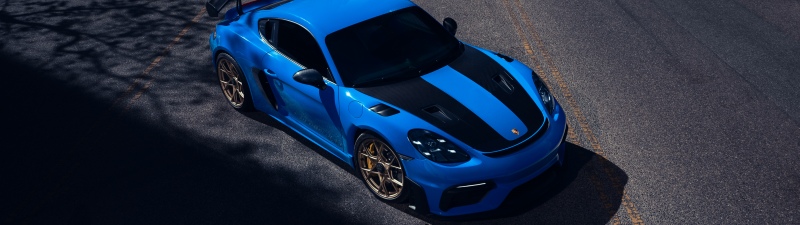 Porsche 718 Cayman GT4 RS, 8K, Blue car, Sports cars, Racing stripes, 5K